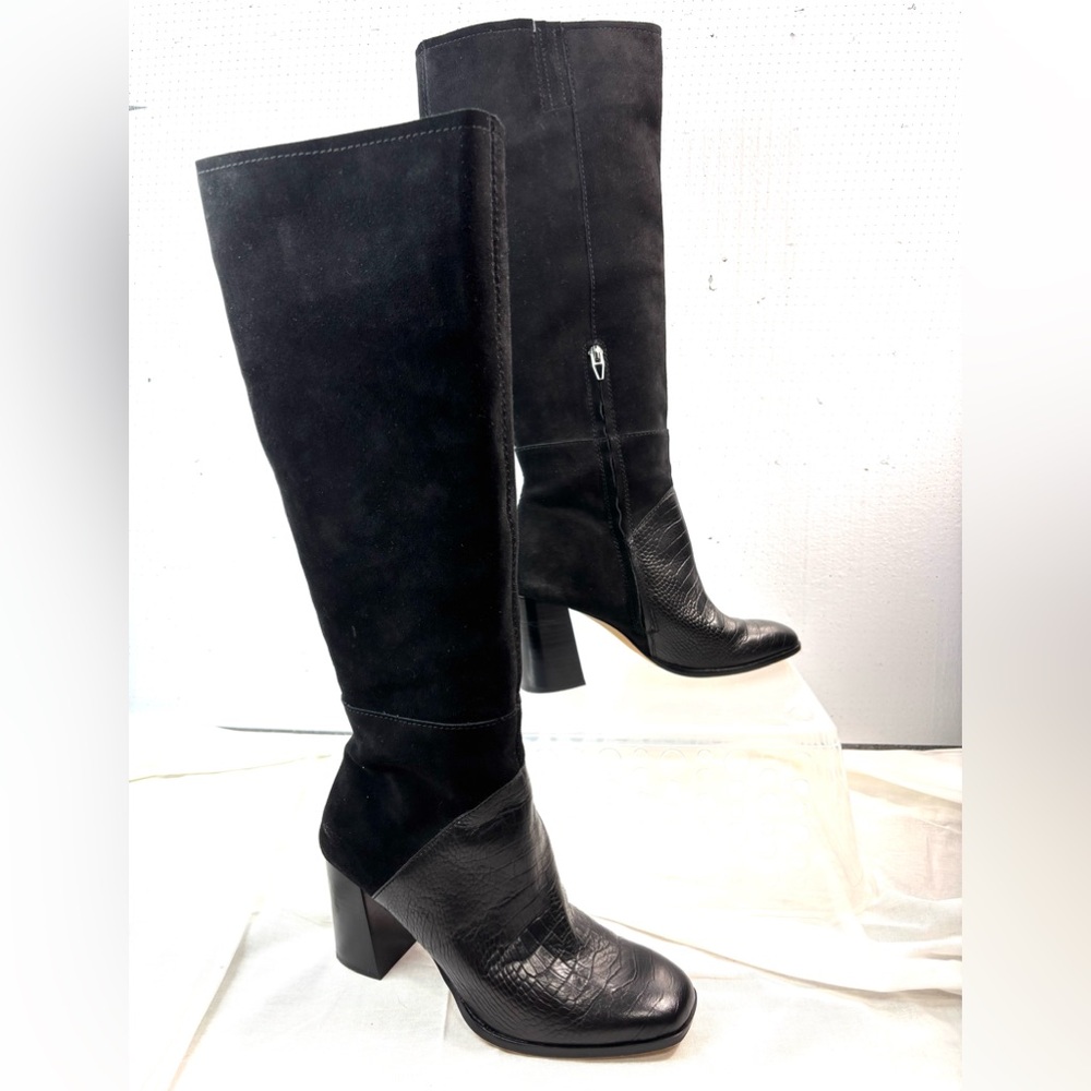 Dolce Vita 9.5 Tall Suede Embossed Crock Zip Heeled Boots in Black